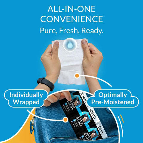 Hands holding electronics screen wipes, with packaging labeled iCloth, emphasizing individually wrapped and pre-moistened features.