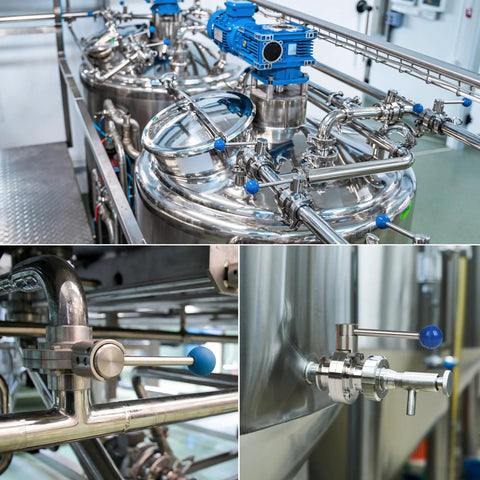 2-inch stainless steel sanitary butterfly valve with pull handle in a tri-clamp process line
Side view of lever-operated butterfly valve with blue knob on stainless piping
Close-up of tri-clamp butterfly valve with blue pull handle on a stainless vessel