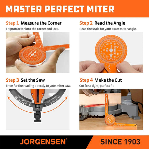 Illustrated guide using 7 Inch Aluminum Miter Saw Protractor With Laser Etched Scales for accurate miter cuts in woodworking.