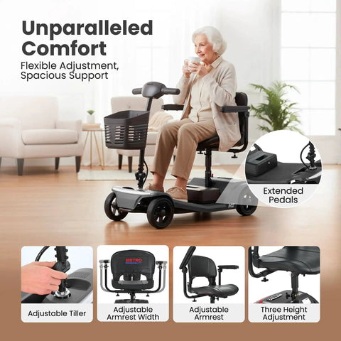 Front view of black M2 mobility scooter for adults with front basket and adjustable tiller.