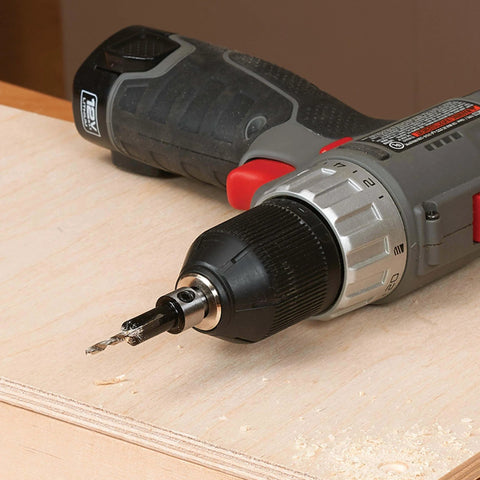 Drill with 7/64 Inch By 3/8 Inch Carbide Tipped Countersink Set With Brad Point Pilot on plywood