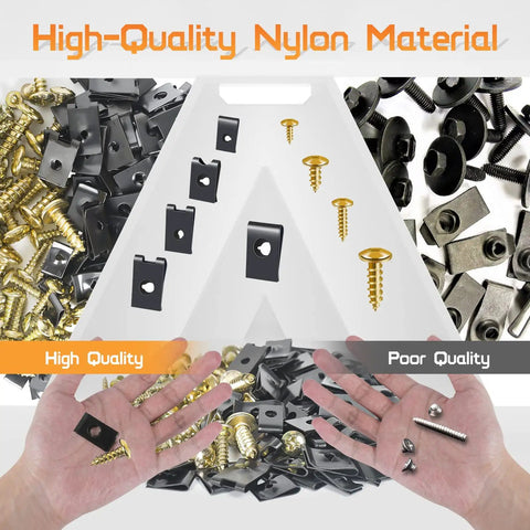 170 Piece Car U Clip And Screw Kit With 10 Sizes For Dash Panels Door Trim Bumpers And Interiors Pro Grade Heavy Duty Automotive U Nut Clip Set By OTUAYAUTO Heat Treated Steel, showing high-quality nylon material.