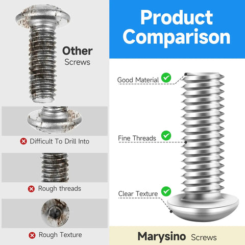 Product comparison of Assorted 1/4-20 Stainless Steel Socket Cap Bolts Nuts Screws Washers Kit by Marysino highlighting screw quality differences