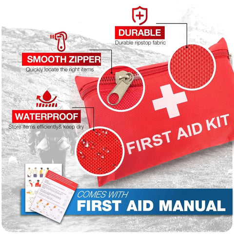 Compact 107 Piece First Aid Kit For Home Car Travel Hiking Camping and Outdoor Sports Ultra Lightweight Trauma Emergency Gear Pocket Size 7.5 By 5.2 By 1.5 Inches, red durable fabric with smooth zipper and waterproof design, includes first aid manual.