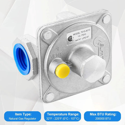 Natural Gas Grill Regulator With Three Quarter Inch FNPT Inlet And Outlet Catilon, visible model, vent, and temperature range info