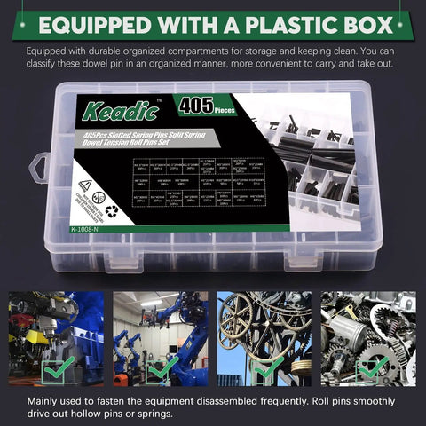 405 Piece Roll Pin Set With 27 Sizes Slotted Spring Pins For Dowel Tension And Expansion Black Steel Pins M1.5 to M10 in box