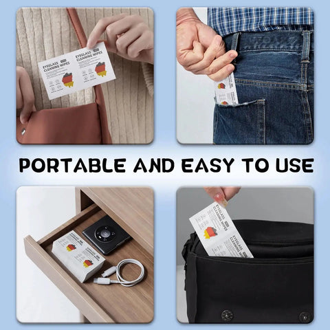 Pre Moistened Lens Wipes For Eyeglasses AR Coated Lenses Screens Streak Free shown in pockets and bags