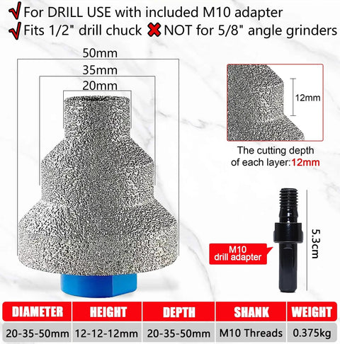 Three In One Diamond Core Drill Bit With M10 Adapter 20mm 35mm 50mm Step Drill for Ceramic Tile, Marble, Granite, Concrete, and Wood Hole Saw Kit.