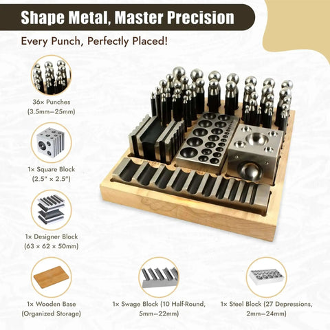 Workhorse Doming Block And Punch Set For Jewelry Making 41 Piece Dapping Kit with steel block and wooden base