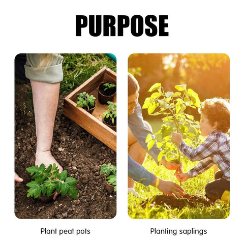 Left: Planting peat pots in soil; Right: Adult and child planting saplings in garden.