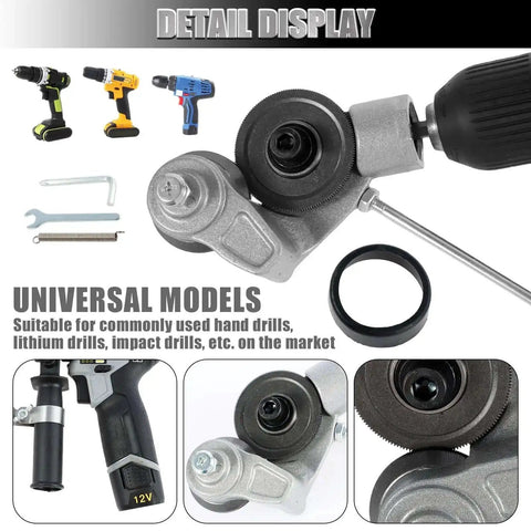 Electric Drill Plate Cutter Shear Pro Attachment For Sheet Metal Cutting shown with included tools and compatible drill models