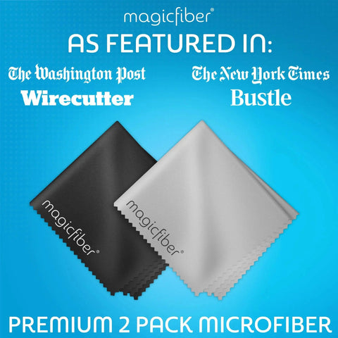 Premium Microfiber Cleaning Cloths For Glasses Screens Lenses 2 Pack in black and gray on blue background