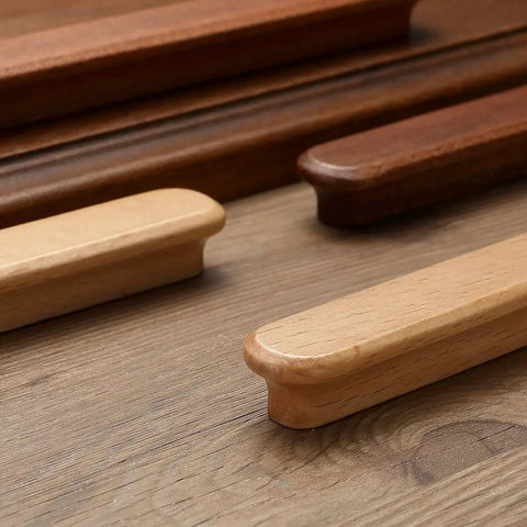 Close-up of Red Wood Round Wooden Drawer Knobs 5 Inch Single Hole 0.9 Inch Diameter Six Piece Pack for modern home cabinets