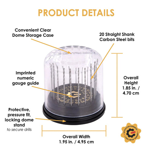 Mini Twist Drill Bit Set For Jewelry Plastic And Soft Metal Carbon Steel Pro Grade, 20 Pcs With Dome Storage Case, Wire Gauge showing the storage case and drill bits details.
