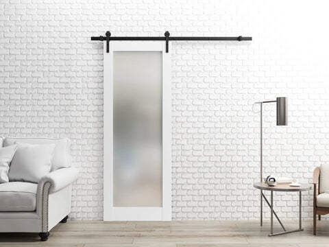Frosted Glass Barn Sliding Door Kit With A Slick 6.6 Ft Rail And Hardware Set For 24 By 96 Inch Interior Door, Modern Solid Core Eco Veneer