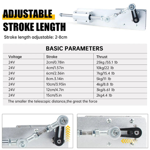 Reciprocating Linear Actuator 24V DC With Adjustable Stroke From 2 To 8 Centimeters 210 RPM Telescopic Rocker Arm Gear Motor with Speed Controller and Regulation Adapter Smooth Metal Gear Drive for DIY Friendly Projects specification chart and close-up view