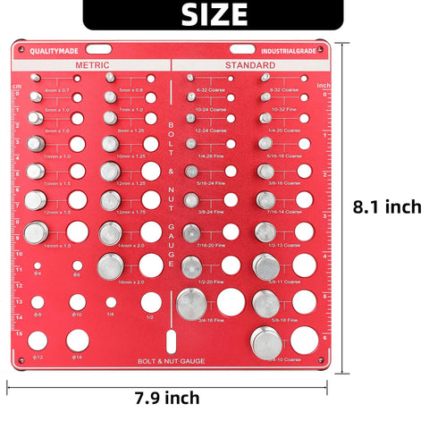 42 Pro Grade Thread Checker Bolt Gauge With 19 Standard And 15 Metric Sizes, wall mount gauge showing sizes in metric and standard units.