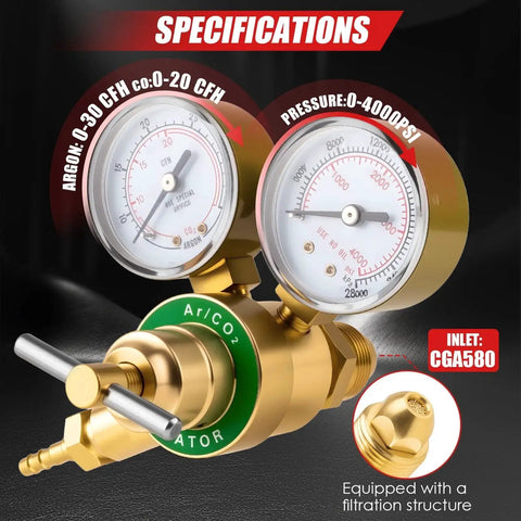 Dual Gauge Argon And CO2 Welding Gas Regulator For TIG And MIG Pro Grade Regulator with CGA580 inlet and 4000 PSI dual gauges