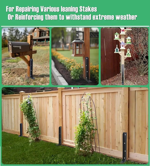 Heavy Duty Fence Post Repair Stakes Kit No Nonsense Solid One Eighth Inch Thickened Carbon Steel One Piece Ground Anchor For Repairing Leaning Privacy Fence And Mailbox Posts Black 2 Pack installed on wood fence and mailbox