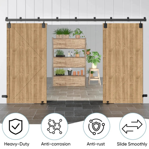 16 Foot Heavy Duty Box Rail Exterior Barn Door Hardware Kit For Two Doors Outdoor Sliding System Black Installed View