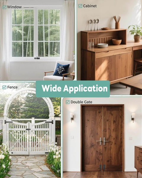 Collage showing applications of 304 Stainless Steel Slide Bolt Gate Latch 8 Inch Sliding Barrel Bolt on window, cabinet, fence, double gate.