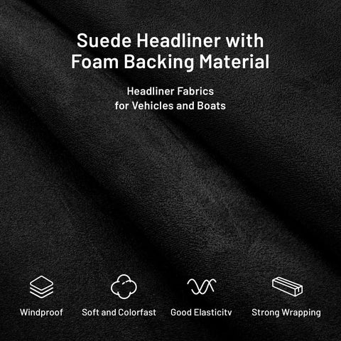 Close-up of black Suede Auto Headliner Fabric 98 by 60 Inches with Foam Backing Tube Pack Black showing texture and features.