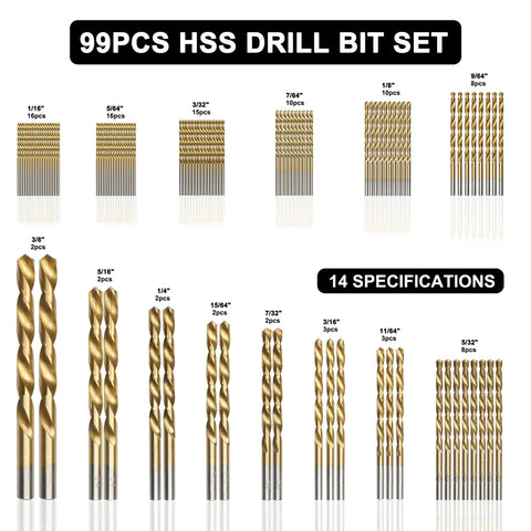 High Quality 99 Piece Drill Bit Set With 135 Degree Titanium Coated HSS Bits For Iron Aluminum Copper Wood And Plastic In A Solid Hard Storage Case 1 Sixteenth Inch To 3 Eighths Inch GMTOOLS displayed in various sizes.