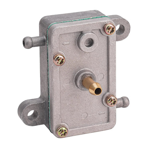 Fuel pump for motorcycles and small engines, metal body with brass outlet, mounting ears and green gasket.