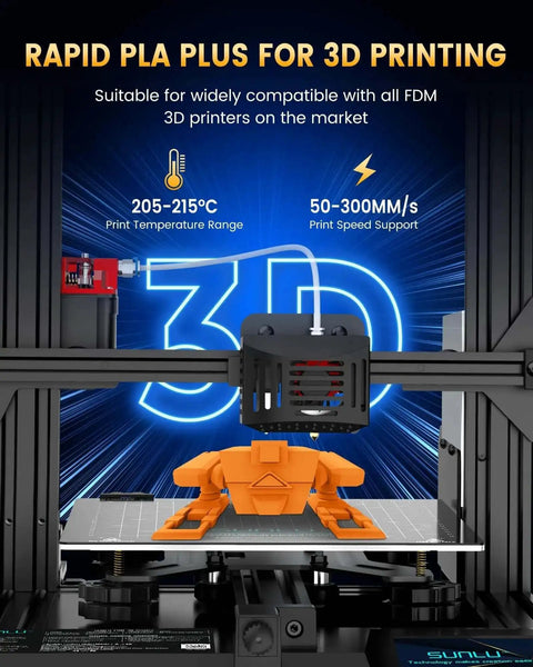 3D printer displaying PLA Plus 2.0 filament, 205-215°C, 50-300mm/s speed, for PLA Plus 2.0 1.75mm Filament Bundle, 4 Spools
