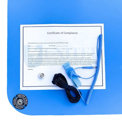 Certified ESD Mat Kit with Ground Cord, Wrist Strap, and Certification, Pro Grade Military Static Control, USA Made, Blue Mat