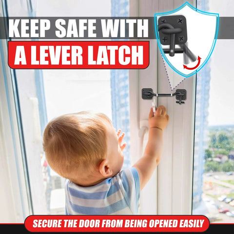 Child reaching for window lock with protective latch, emphasizing safety and security from being easily opened.