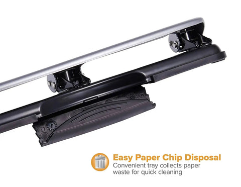 EZ Squeeze Three Hole Punch For 12 Sheets No Jam 50 Percent Less Force Heavy Duty Metal Construction, paper chip disposal tray