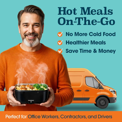 Man holding Electric Heated Lunch Box For Adults 100W Portable Food Warmer 1.5L Stainless Steel with steaming meal, orange van background.