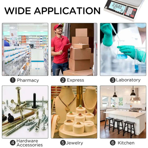 Wide application of Go To High Precision 30 Kg Digital Counting Scale with 0.5 g readout; pharmacy, express, lab, hardware, jewelry, kitchen.