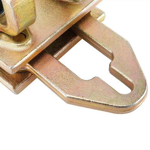Close-up of Heavy Duty 5 Ton Right Angle Two Way Auto Body Pull Clamp in golden high strength steel for car body repair.