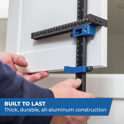 Close-up of Cabinet Hardware Jig Pro XL Flexible Full Length To Compact Setup For Wide Pulls Or Knob Mounts in use on cabinet