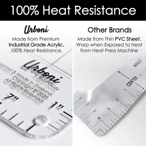 Comparison between XL Size T Shirt Ruler Guide made of acrylic and competitor's PVC ruler, highlighting heat resistance.