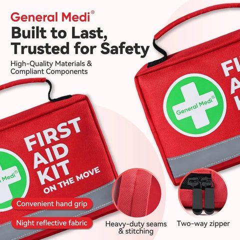Go-To 150-Piece Compact First Aid Kit With Instant Cold Pack and Emergency Blanket, red bag with handy grip and night reflective fabric
