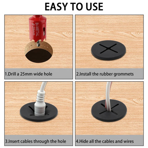Steps for using 12 Pieces 1 Inch Desk Grommets And 1 Inch Hole Saw Set Black ABS Engineering Plastic Durable Cable Management