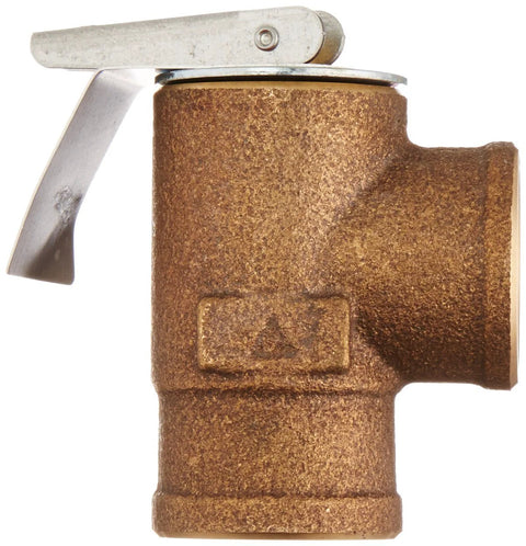 Watts 3/4-in bronze pressure relief valve with top lever, side view.