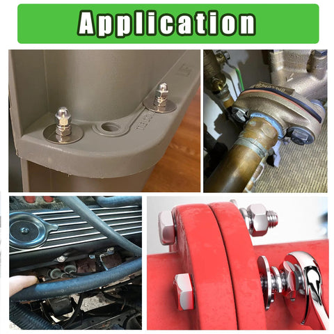 Ruibapa 360-pc flat and spring lock washer set, 304 stainless; 7 SAE sizes; collage shows uses in machinery, plumbing, bolts.