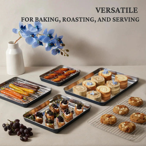 Stainless Steel Baking Sheet Set With Wire Racks Includes 3 Pans And 3 Racks In 9 12 16 Inch Sizes with food on display
