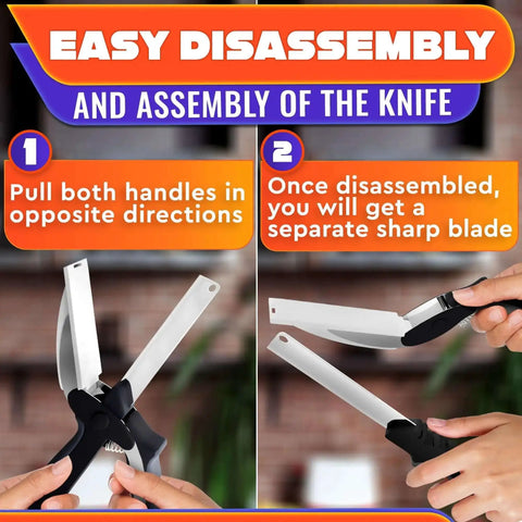 2 In 1 Kitchen Scissors For Food With Stainless Steel Blade And Plastic Cutting Board Safety Lock 9.5 Inch Tomato Knife shown being disassembled