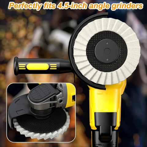 All-In-One Pro Grade Wool Polishing Wheel Kit With Five Buffing Wheels And Three Polishing Compounds For Multi-Surface Buffing On Metal Wood Automotive And Ceramic Includes Felt Flap Discs For Angle Grinder From BURMONG attached to a yellow angle grinder