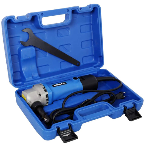 16 Gauge Electric Metal Shearing Machine With Beefy 500 Watt Power And 360 Degree Rotating Cutter in blue case with wrench