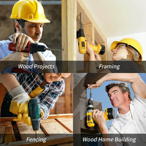 People using power drills for wood projects, framing, fencing, and wood home building.