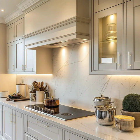 Elegant kitchen with Brushed Nickel And Brushed Brass Cabinet Knobs And Handles, highlighting modern T Bar Drawer Pulls on cabinets and drawers.