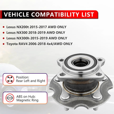 4WD Rear Wheel Hub Bearing Assembly Fits Toyota RAV4 2006-2018 And Lexus NX200t 2015-2017 NX300 2018-2019 NX300h 2015-2019 Beefy Replacement Wheel Hub Unit