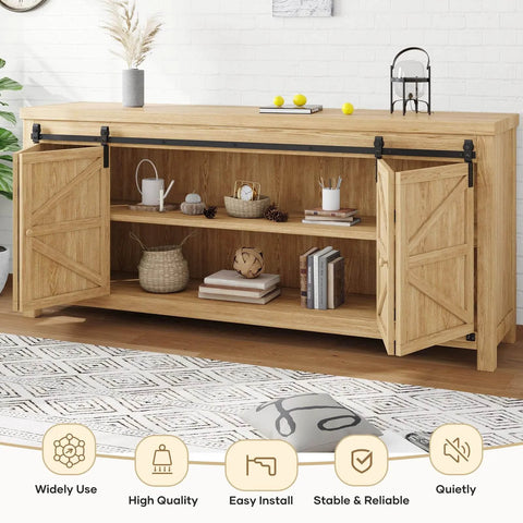 Wooden TV stand with 6 Ft Mini Cabinet Bi Folding Sliding Barn Door Hardware Track Kit For 4 Doors, easy install, and smooth operation.