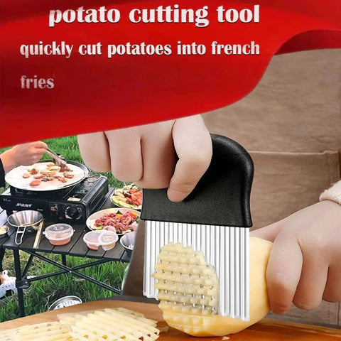 Pro Grade Large Crinkle Cutter With Stainless Steel Blade And Ergonomic Non Slip Handle slicing potato into wavy fries